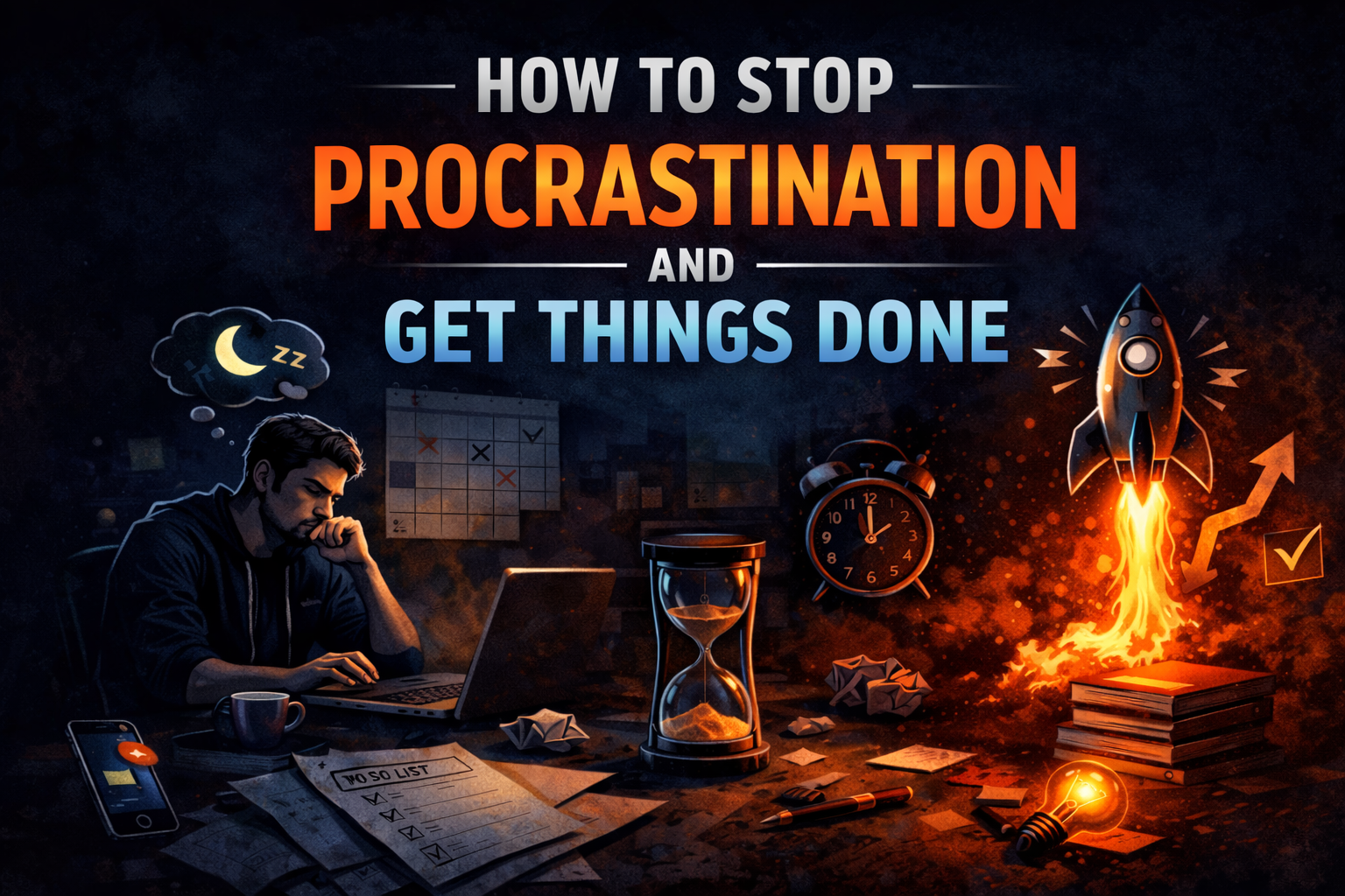 Person overcoming procrastination by focusing on work and managing time effectively