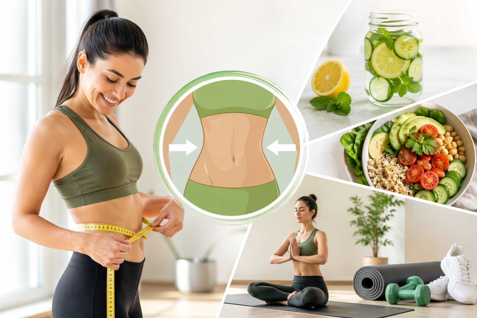 Woman measuring waist while following a healthy diet and weight loss plan