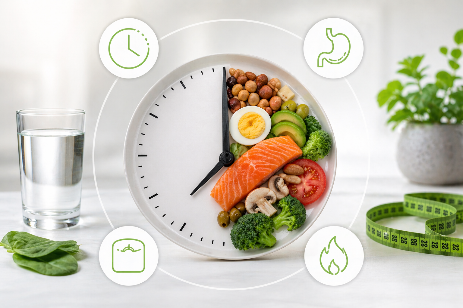 Intermittent fasting for weight loss with healthy foods and weighing scale