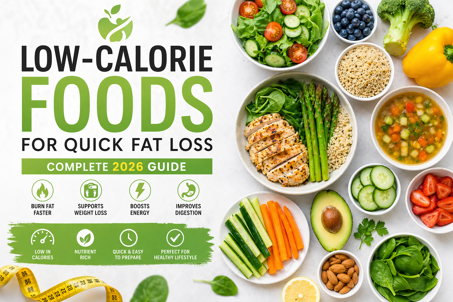 Low-calorie foods including vegetables, fruits, lean protein, and healthy ingredients for weight loss