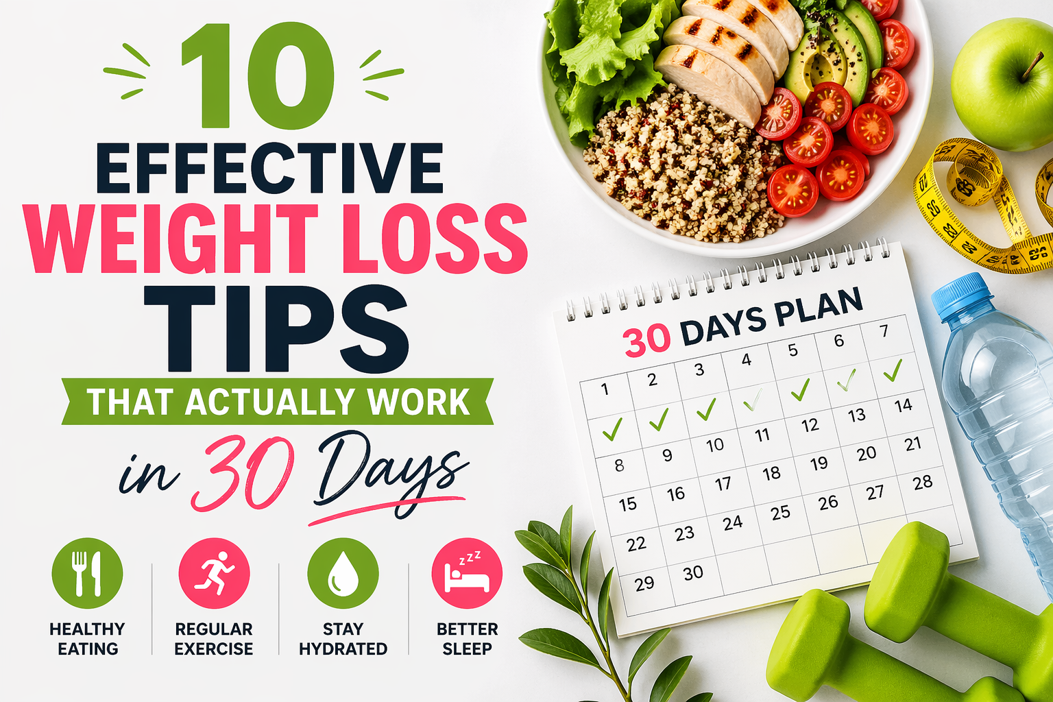Effective weight loss tips with healthy foods, exercise plan, and measuring tape