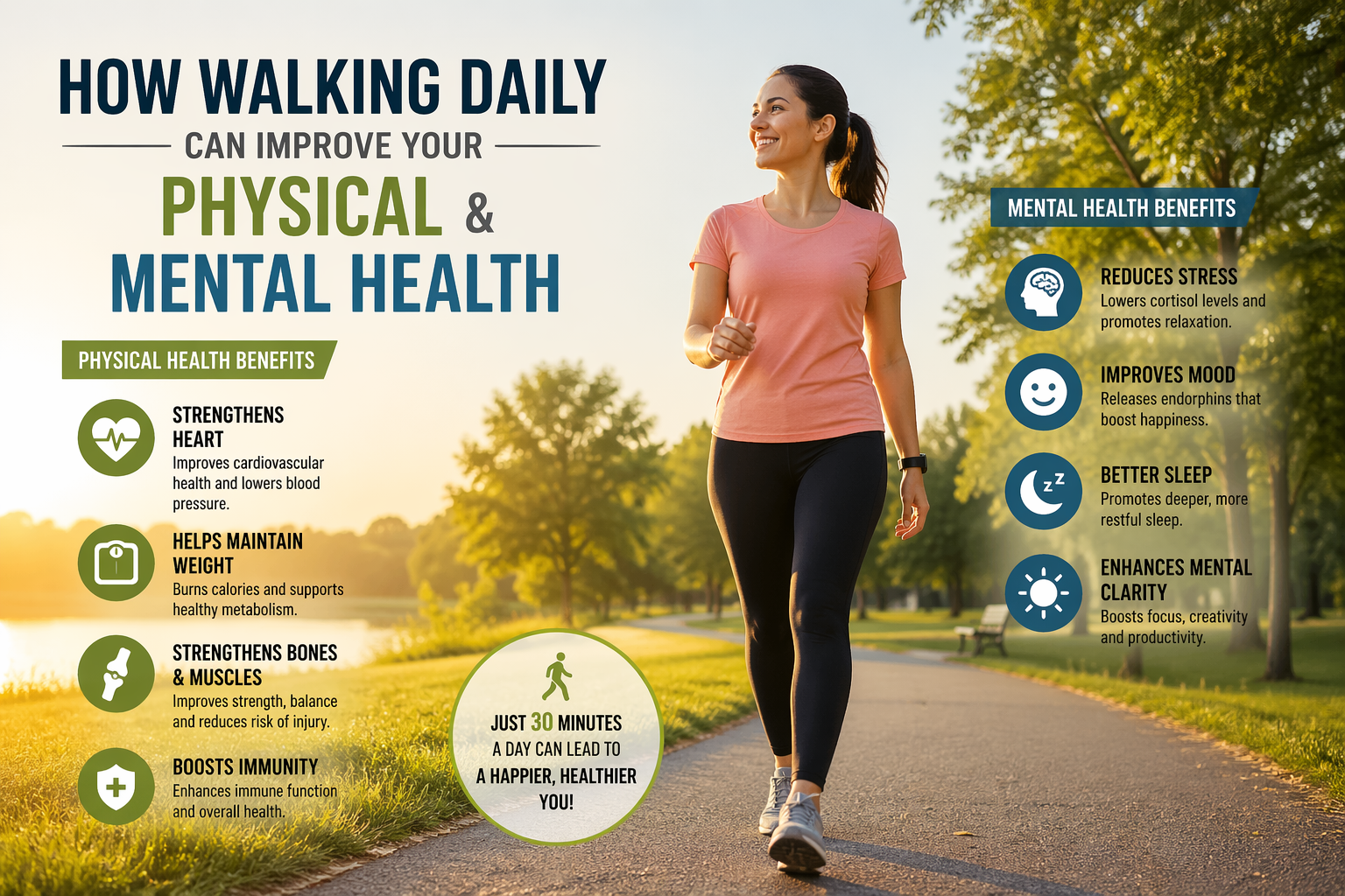 Woman walking outdoors to improve physical and mental health