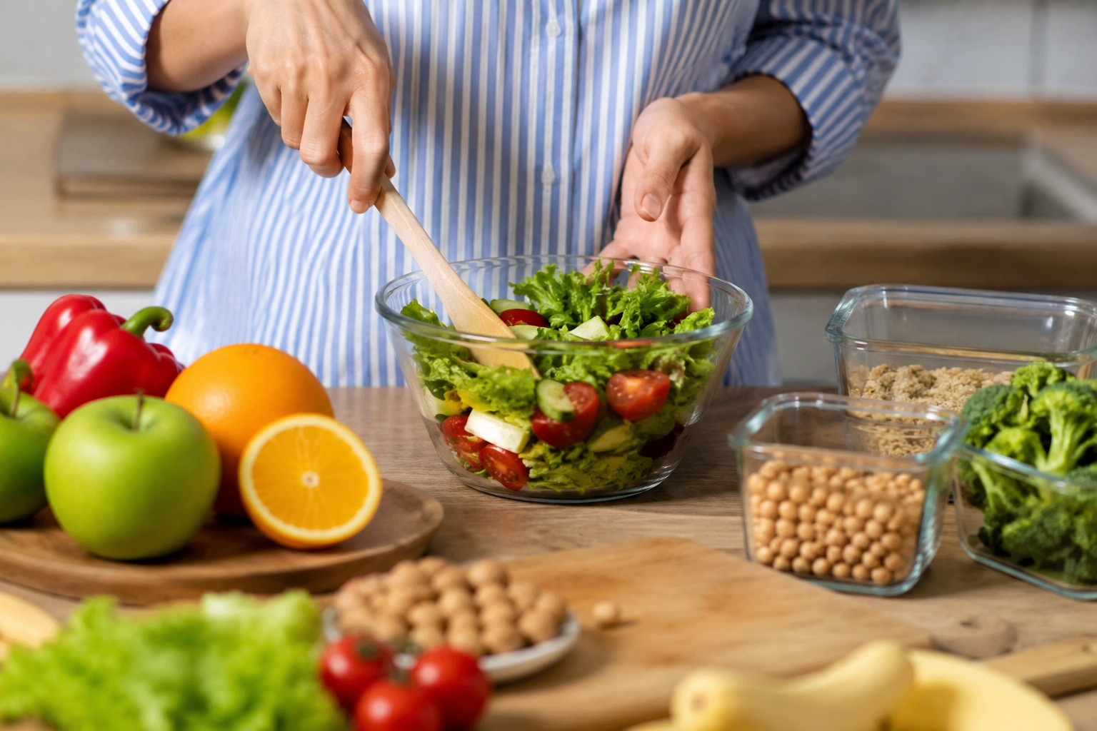 Person preparing a fresh vegetable salad with whole foods and healthy ingredients in a kitchen