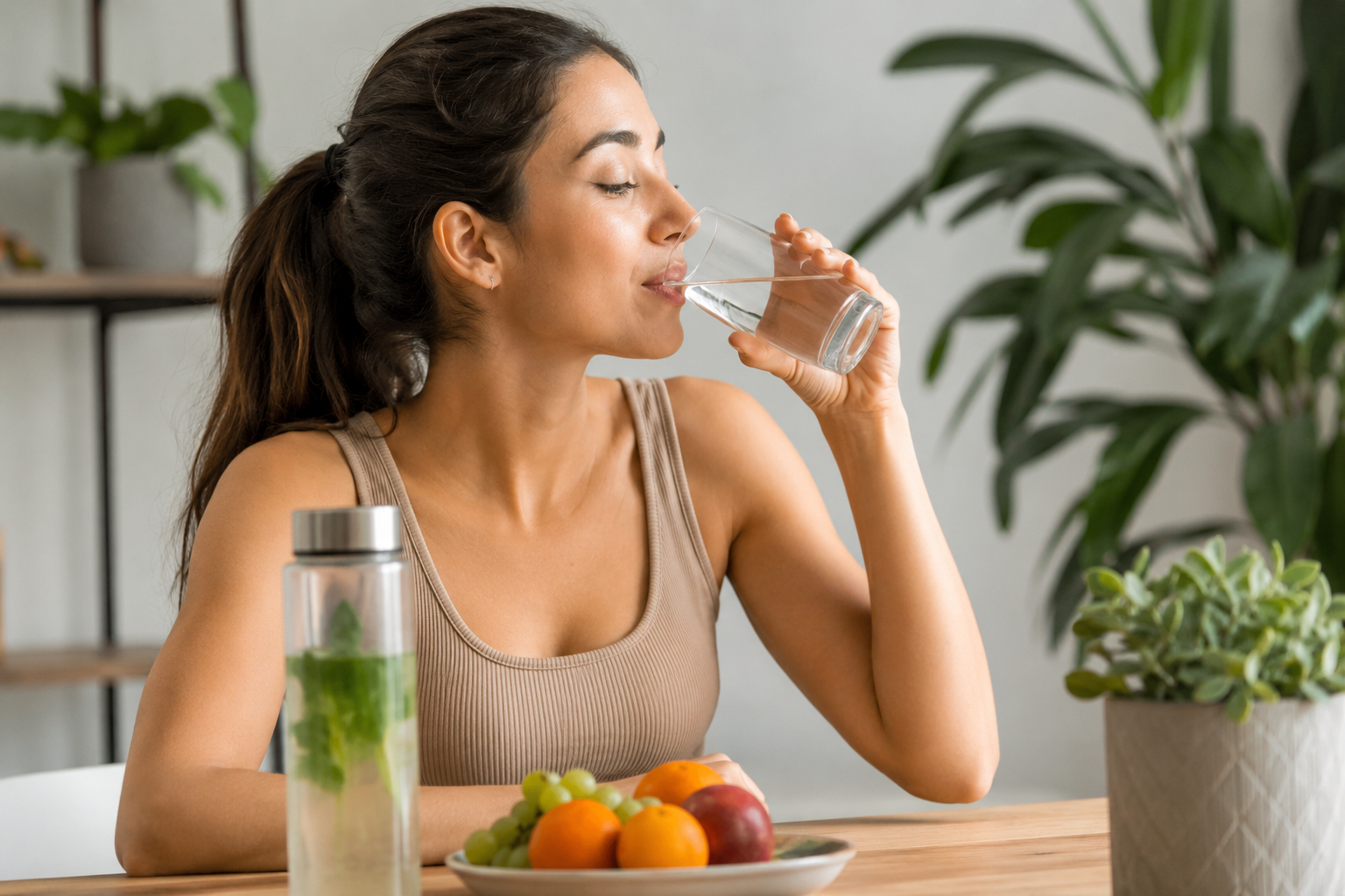 Woman drinking water at home to stay hydrated throughout the day