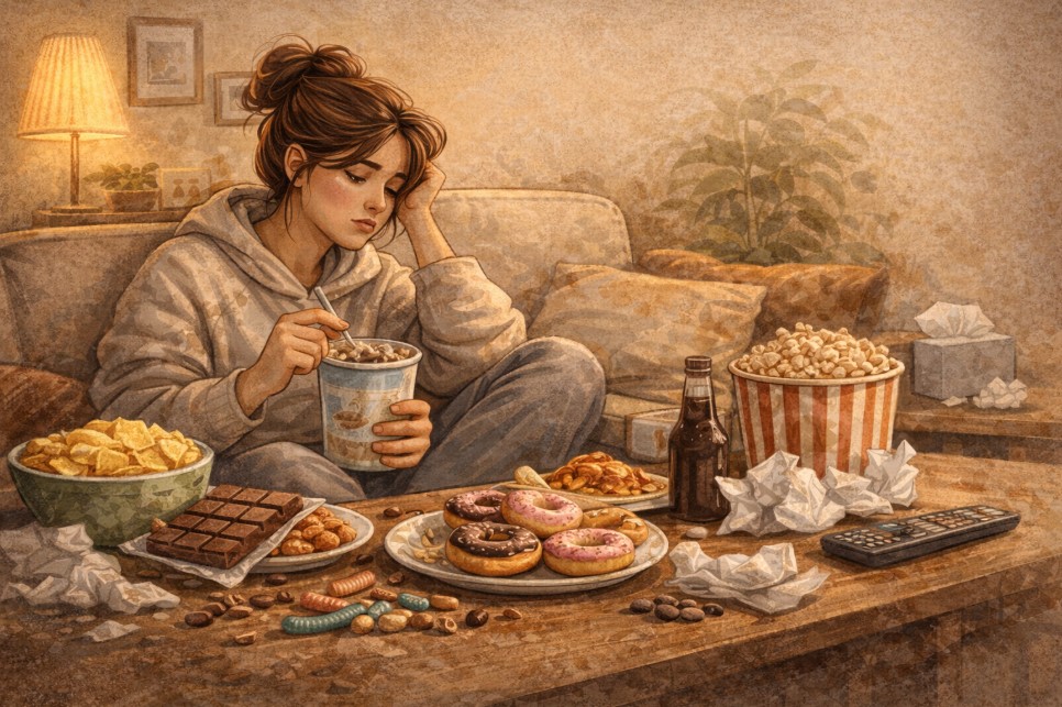 emotional eating concept showing stress eating and unhealthy food habits