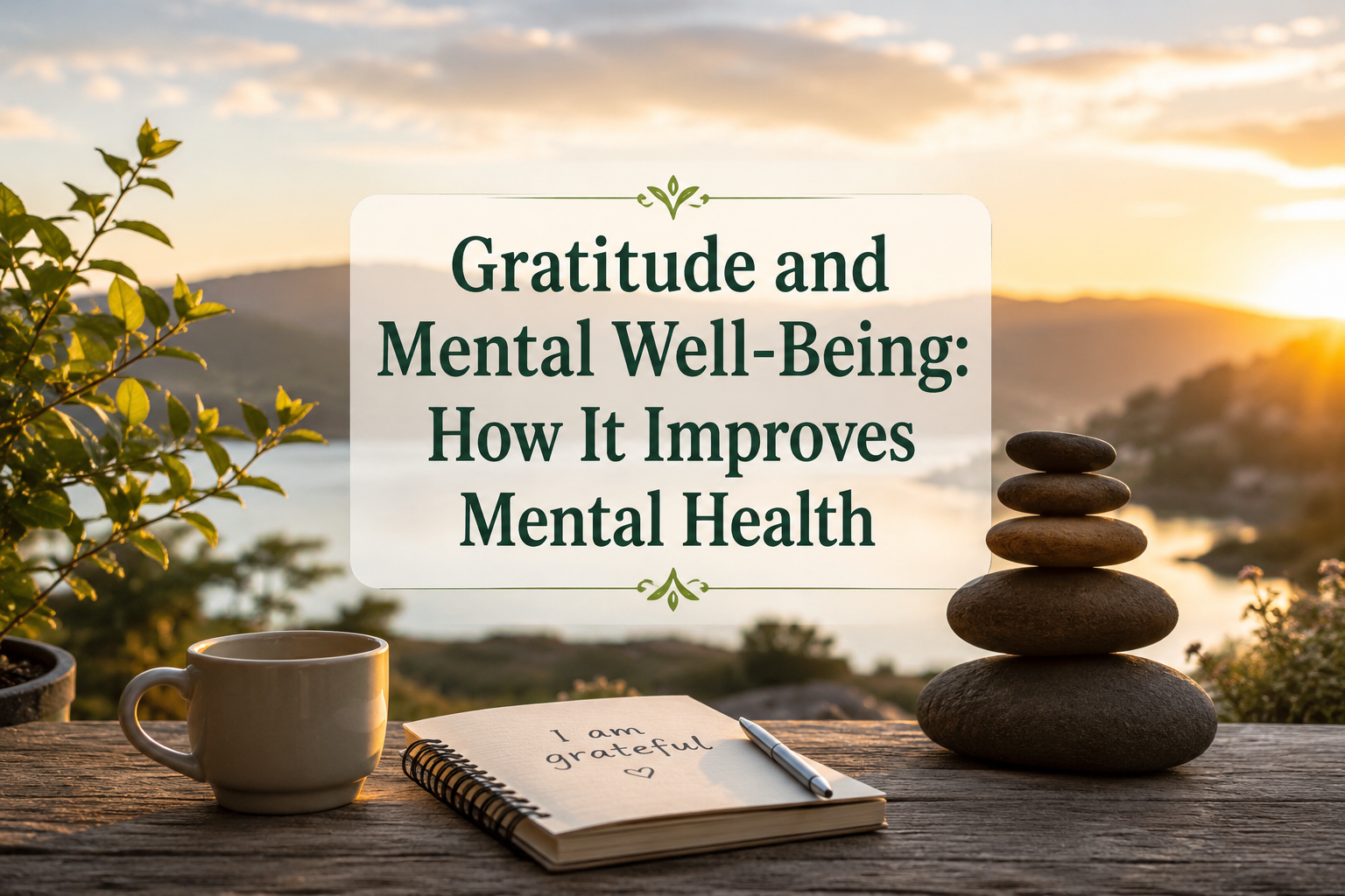 Person practicing gratitude journaling outdoors at sunrise to support mental well-being and emotional health.