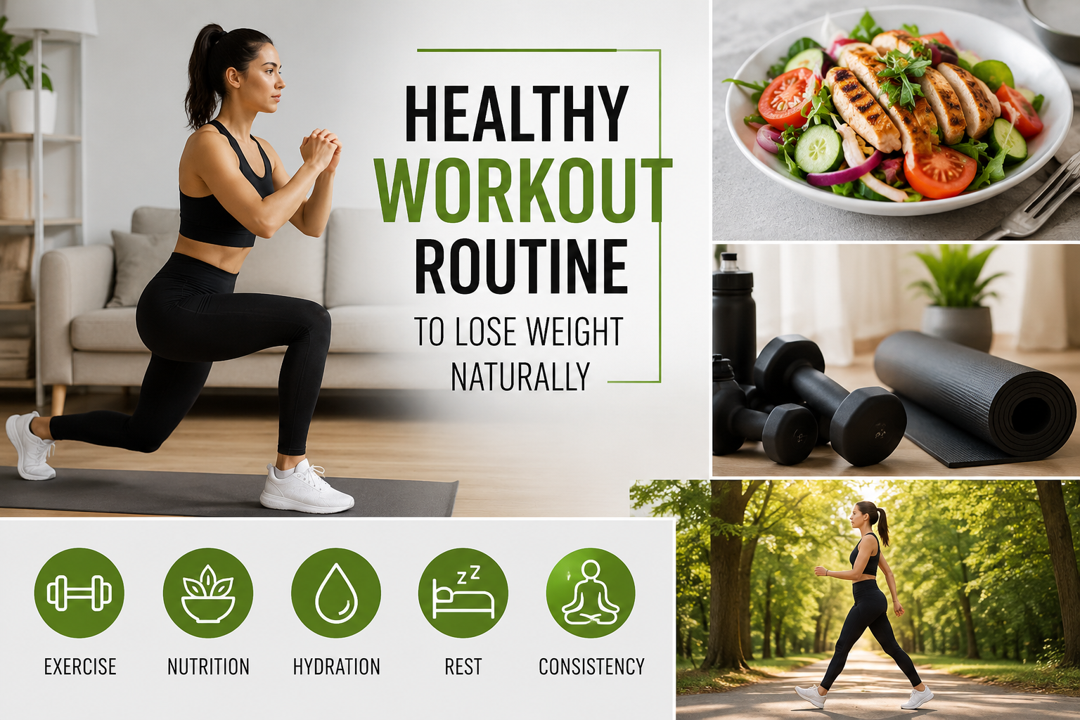 Healthy workout routine with exercise, nutritious food, hydration, rest, and walking for natural weight loss