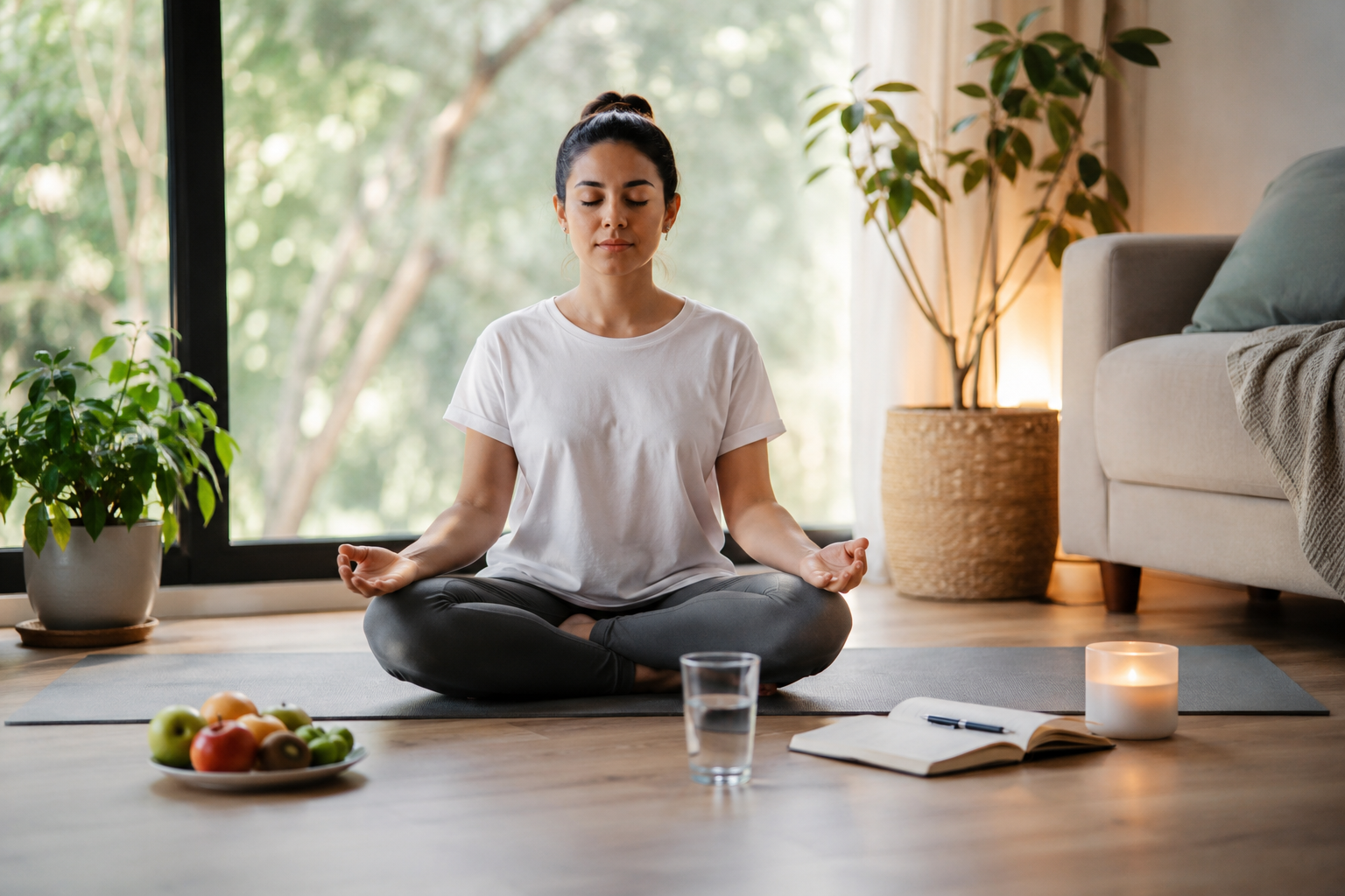 Woman practicing meditation at home to reduce stress and improve wellbeing