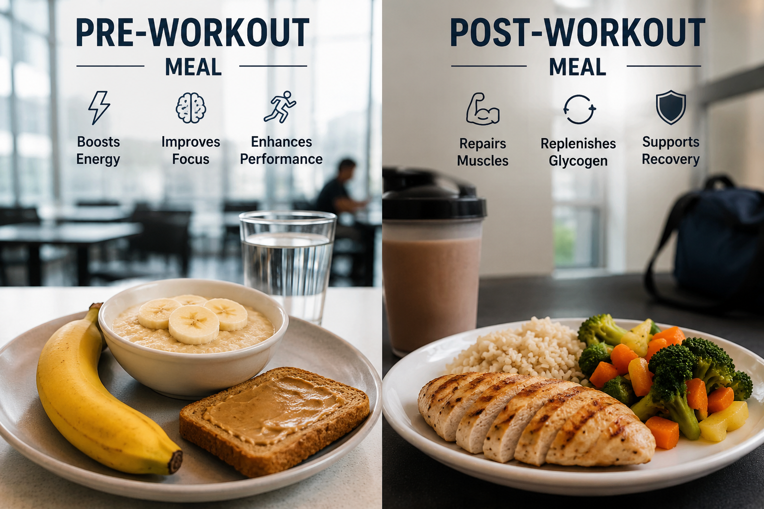 Pre-workout and post-workout meal comparison featuring healthy foods for energy, muscle recovery, and workout performance.