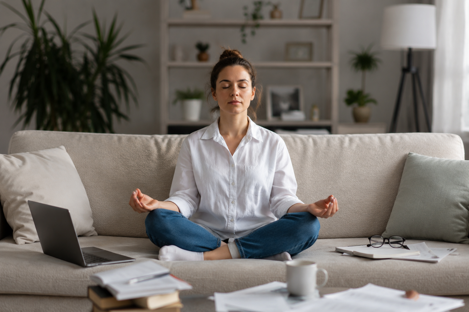 Woman meditating at home for stress management and mental wellness