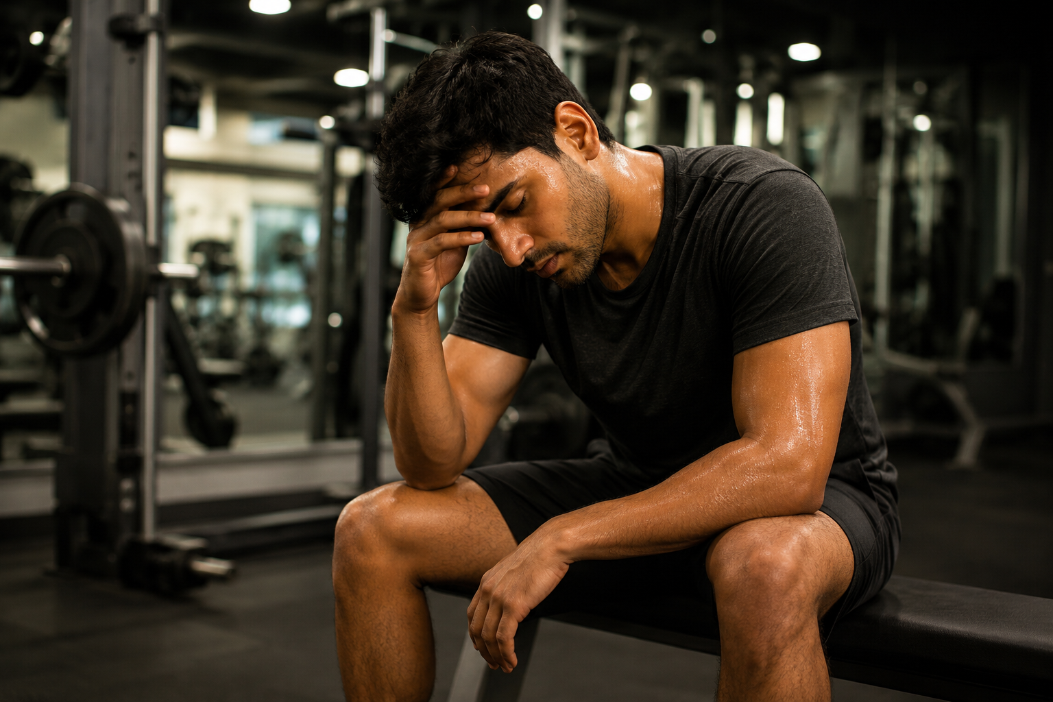 Man sitting in a gym looking exhausted after an intense workout