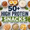 High protein snacks including eggs, Greek yogurt, nuts, seeds, and healthy foods on a table