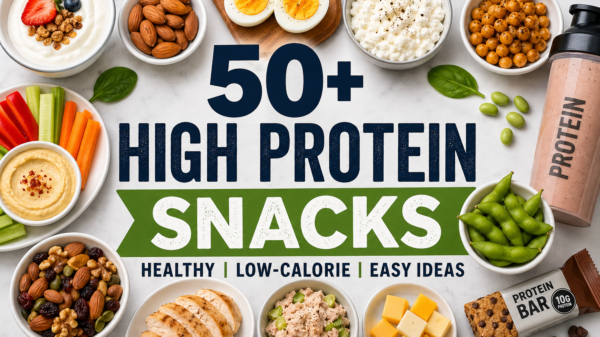 High protein snacks including eggs, Greek yogurt, nuts, seeds, and healthy foods on a table