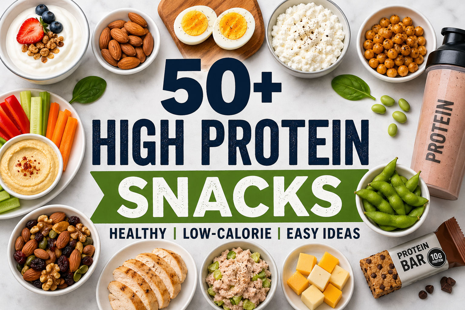 High protein snacks including eggs, Greek yogurt, nuts, seeds, and healthy foods on a table