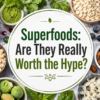 Healthy superfoods including blueberries, oats, almonds, flax seeds, turmeric, and leafy greens arranged on a table