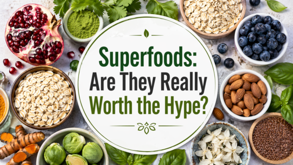 Healthy superfoods including blueberries, oats, almonds, flax seeds, turmeric, and leafy greens arranged on a table