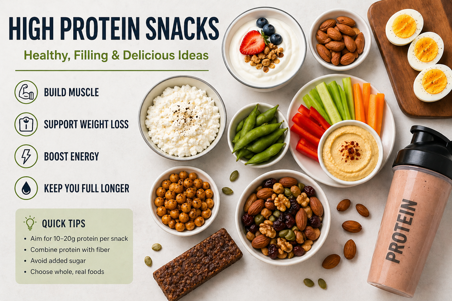 High protein snacks including eggs, yogurt, nuts and healthy foods