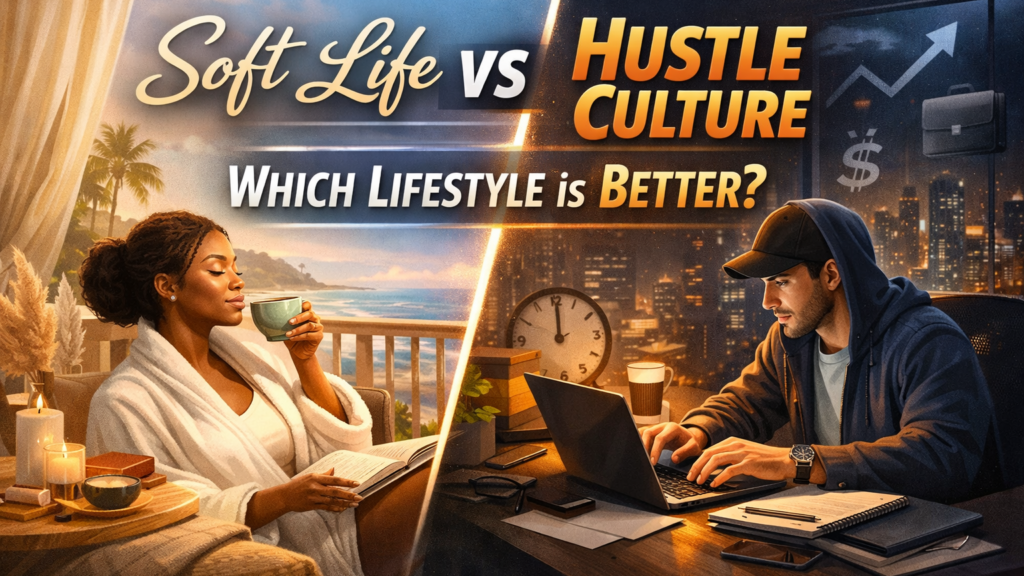 Soft life vs hustle culture lifestyle comparison illustration