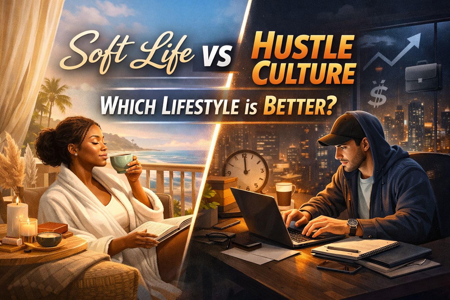 Soft life vs hustle culture lifestyle comparison illustration