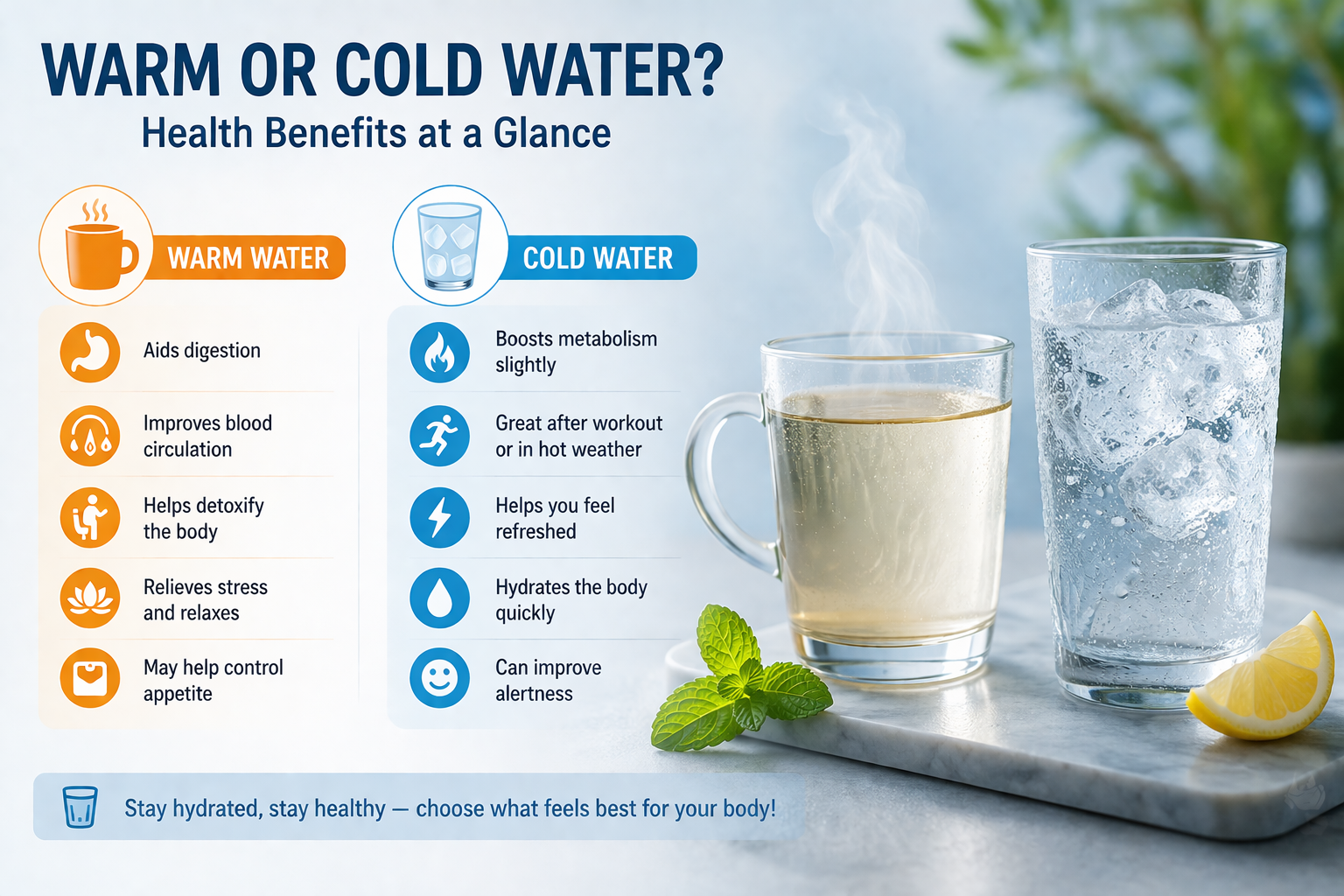Warm or cold water comparison showing health benefits of both for digestion, metabolism, hydration, and overall wellness.