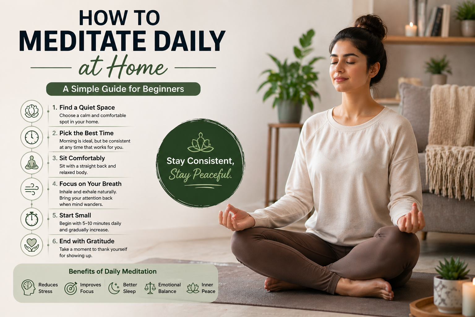 Woman meditating at home to improve mental health and reduce stress