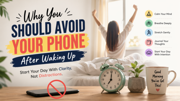 Woman waking up after avoiding phone use at night with alarm clock beside her