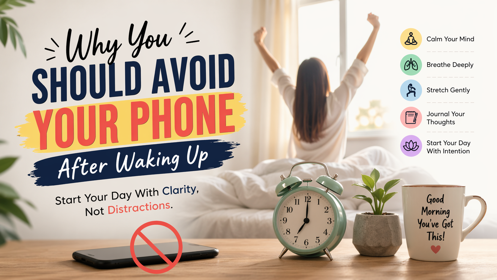 Woman waking up after avoiding phone use at night with alarm clock beside her