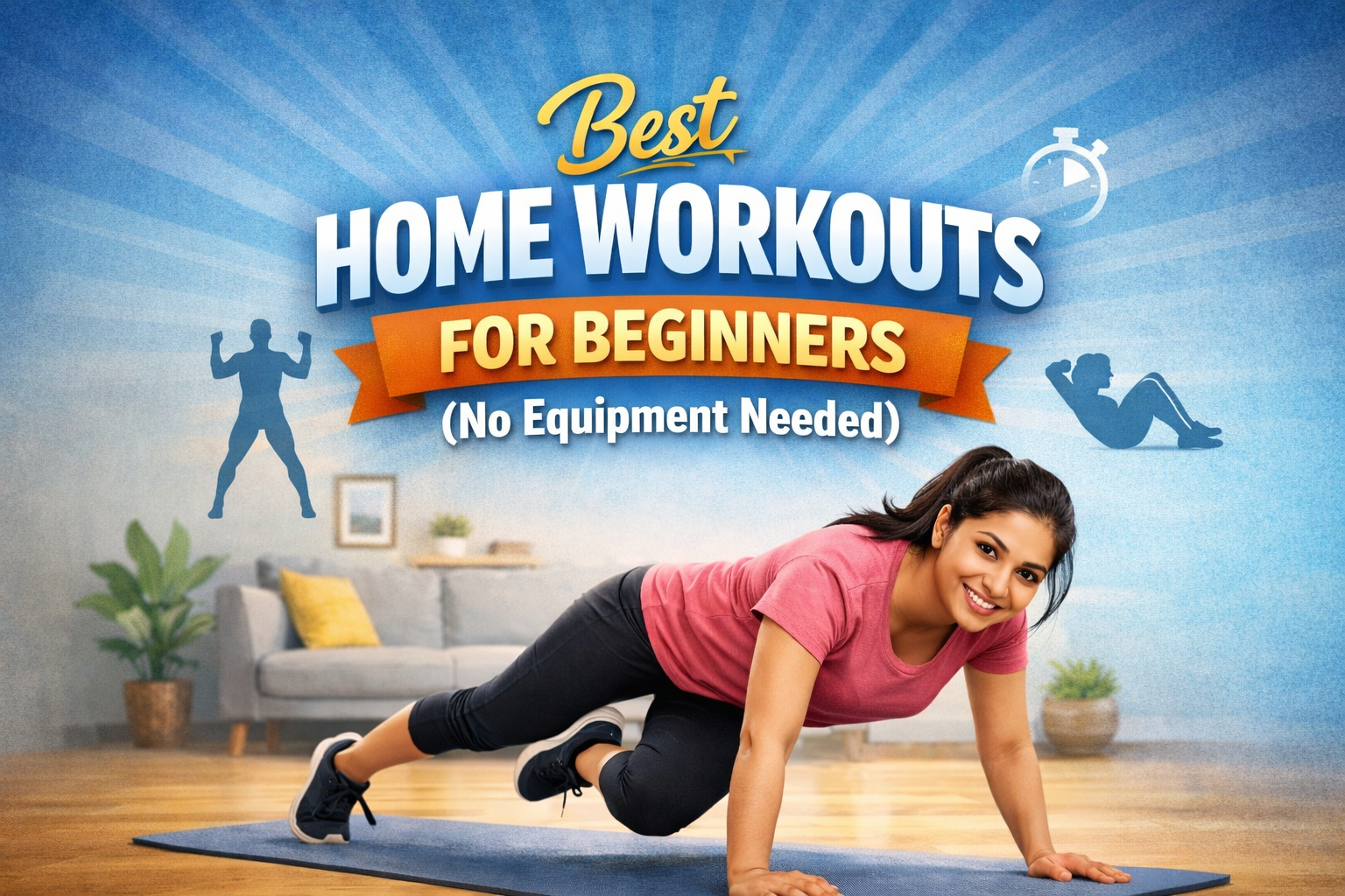 Beginner doing home workout exercises without gym equipment
