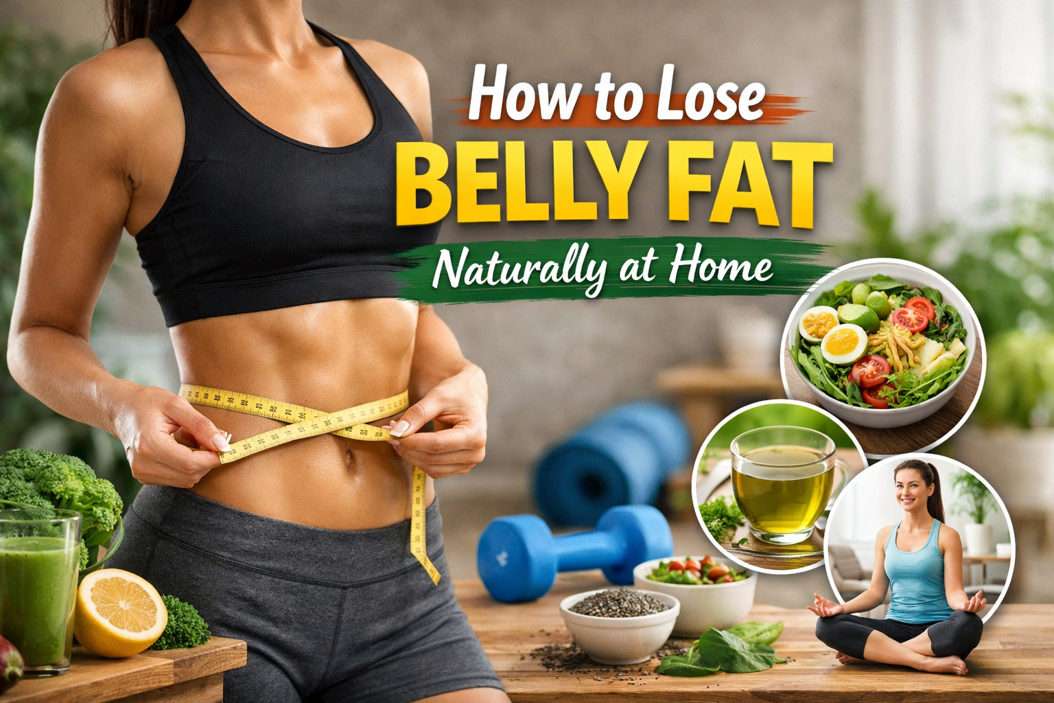 Woman measuring waistline with healthy foods and fitness equipment for natural belly fat loss