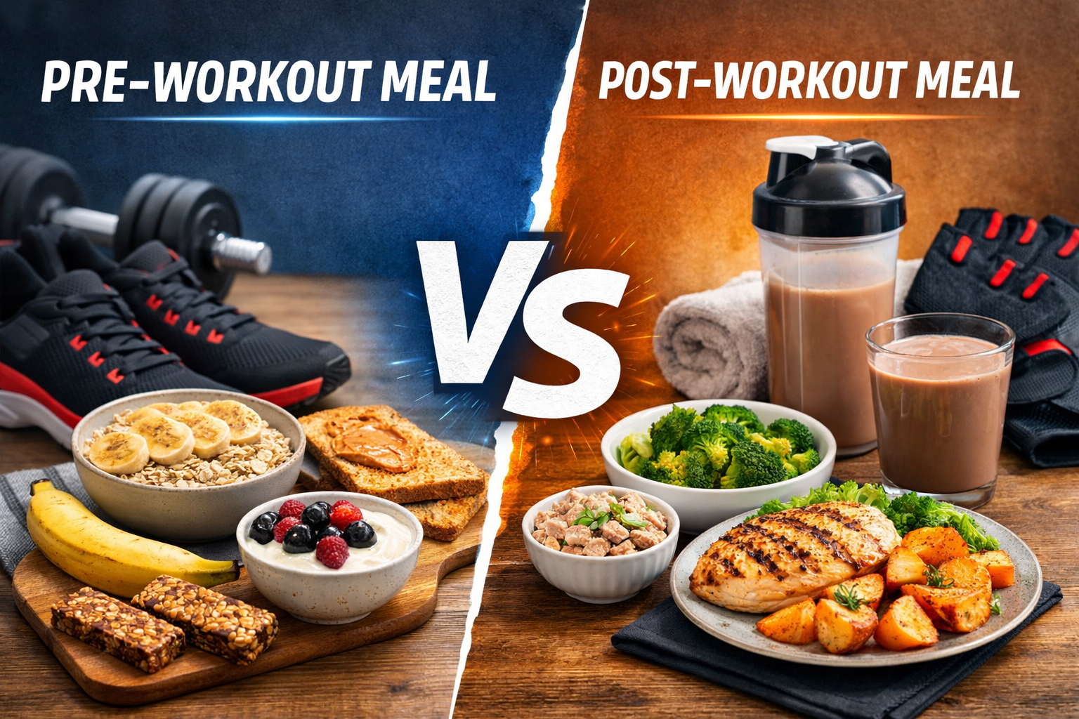 pre workout vs post workout meals comparison with healthy foods