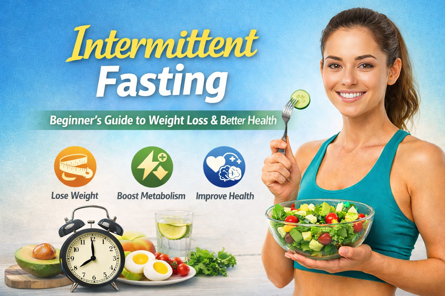 Woman practicing intermittent fasting with healthy foods and a balanced diet plan