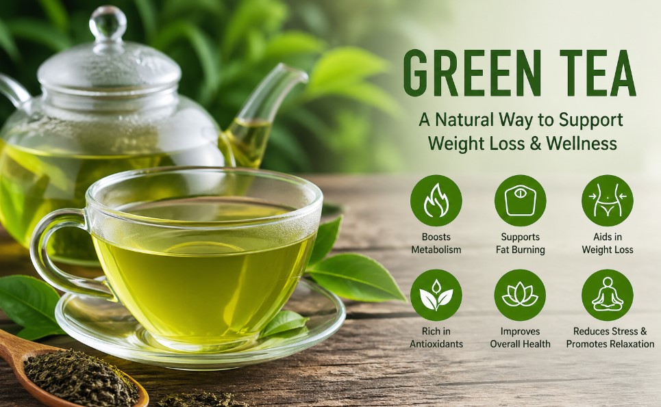 Green tea for weight loss with measuring tape and healthy lifestyle concept