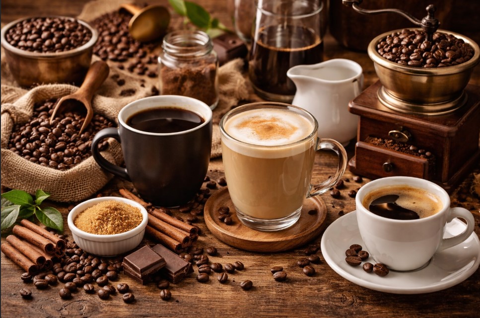 healthy coffee habits with black coffee cinnamon cocoa and natural ingredients
