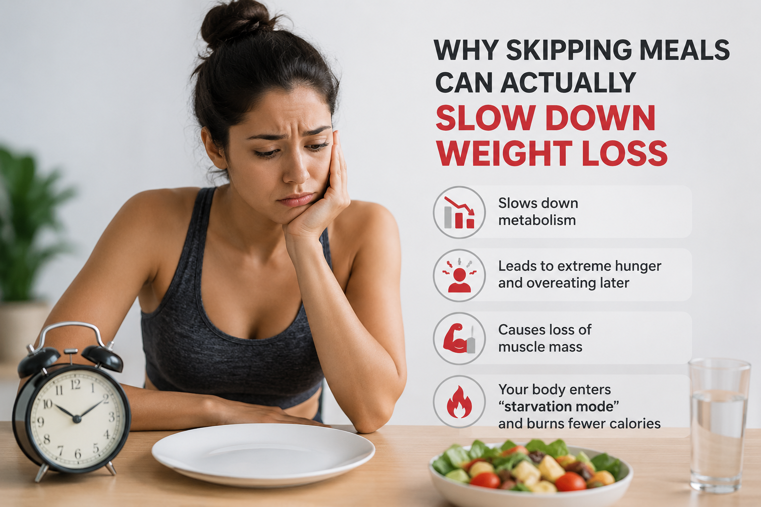 Person sitting at a table with an empty plate and clock, illustrating how skipping meals can negatively affect metabolism and weight loss.