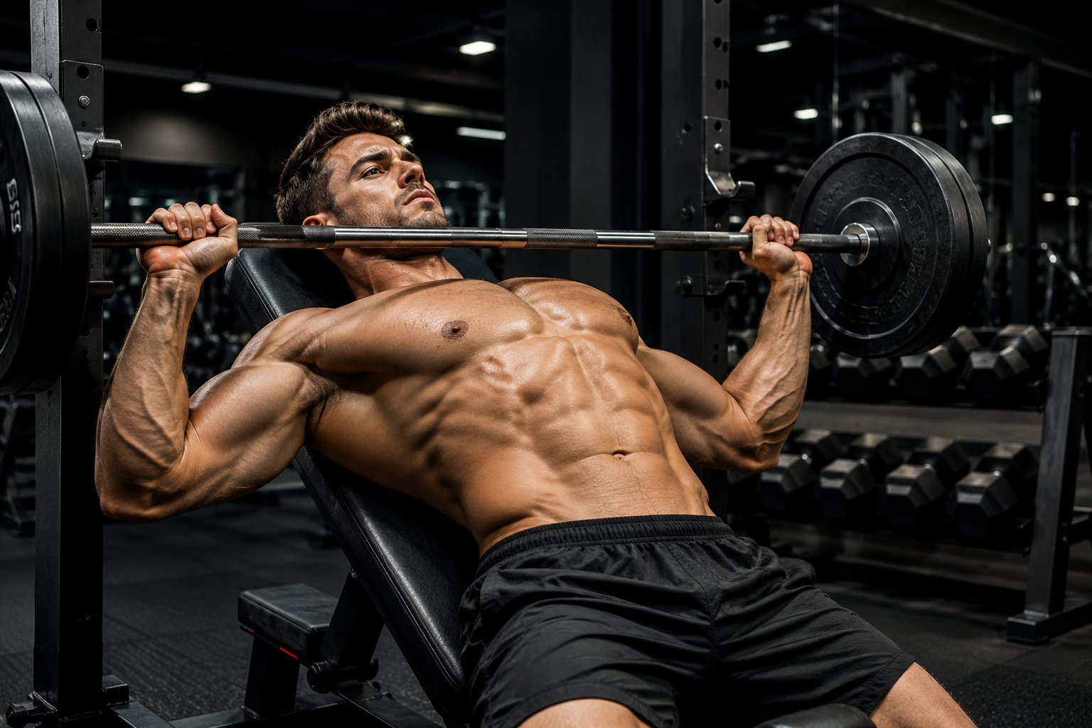 Man performing bench press chest workout in gym