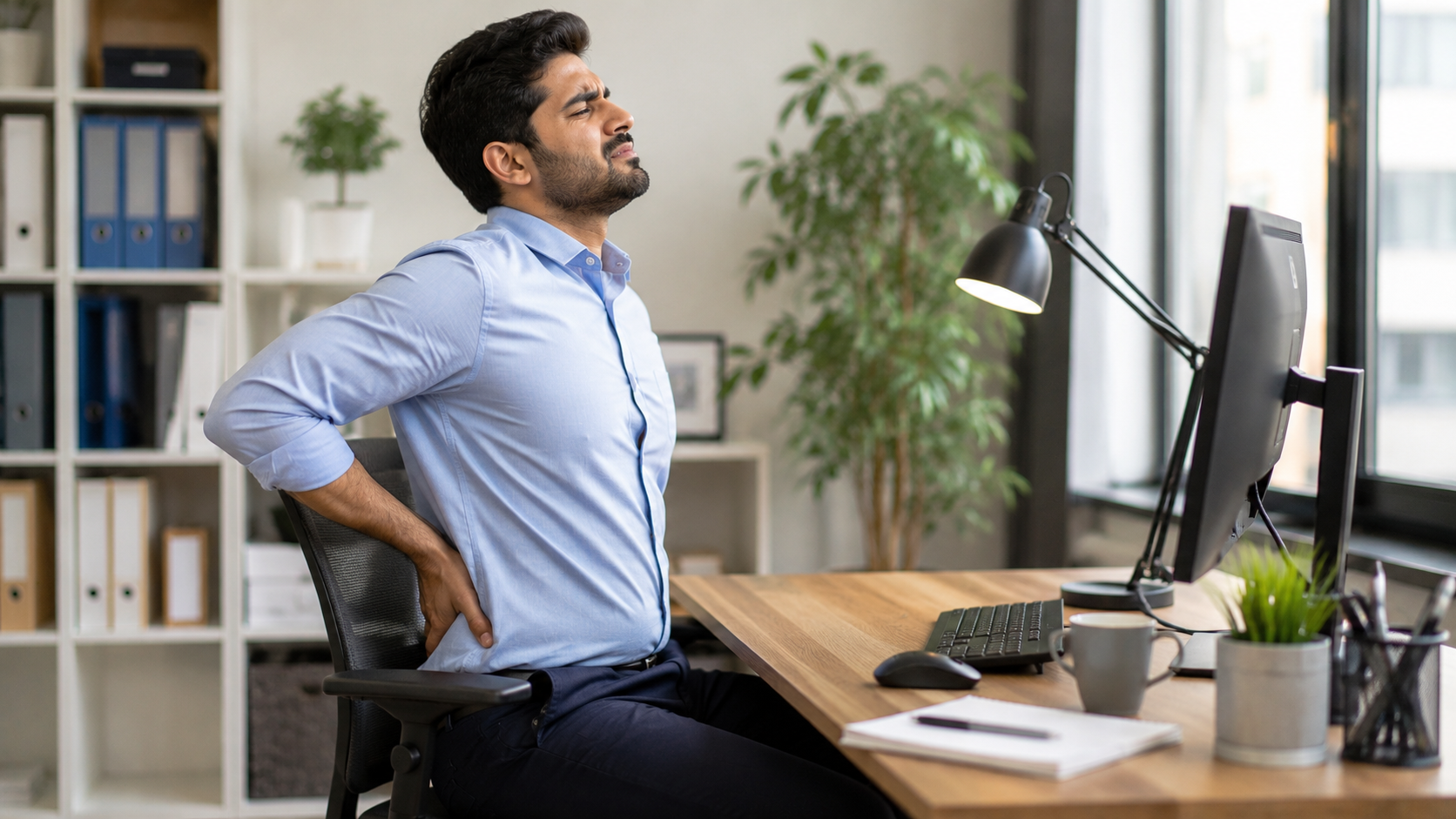 Man experiencing weight gain and back discomfort from a sedentary desk job