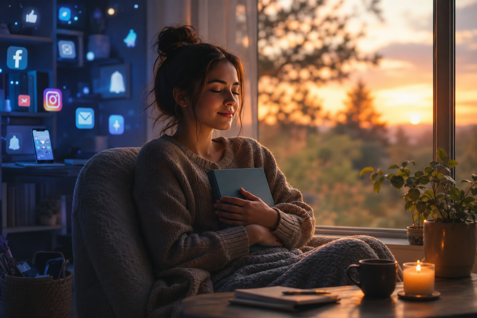 Person relaxing near a window during a digital detox and screen-free evening routine