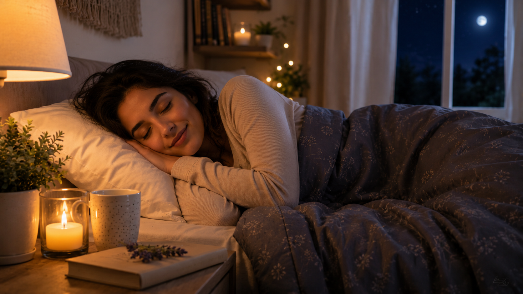 Girl sleeping peacefully at night with relaxing bedtime routine