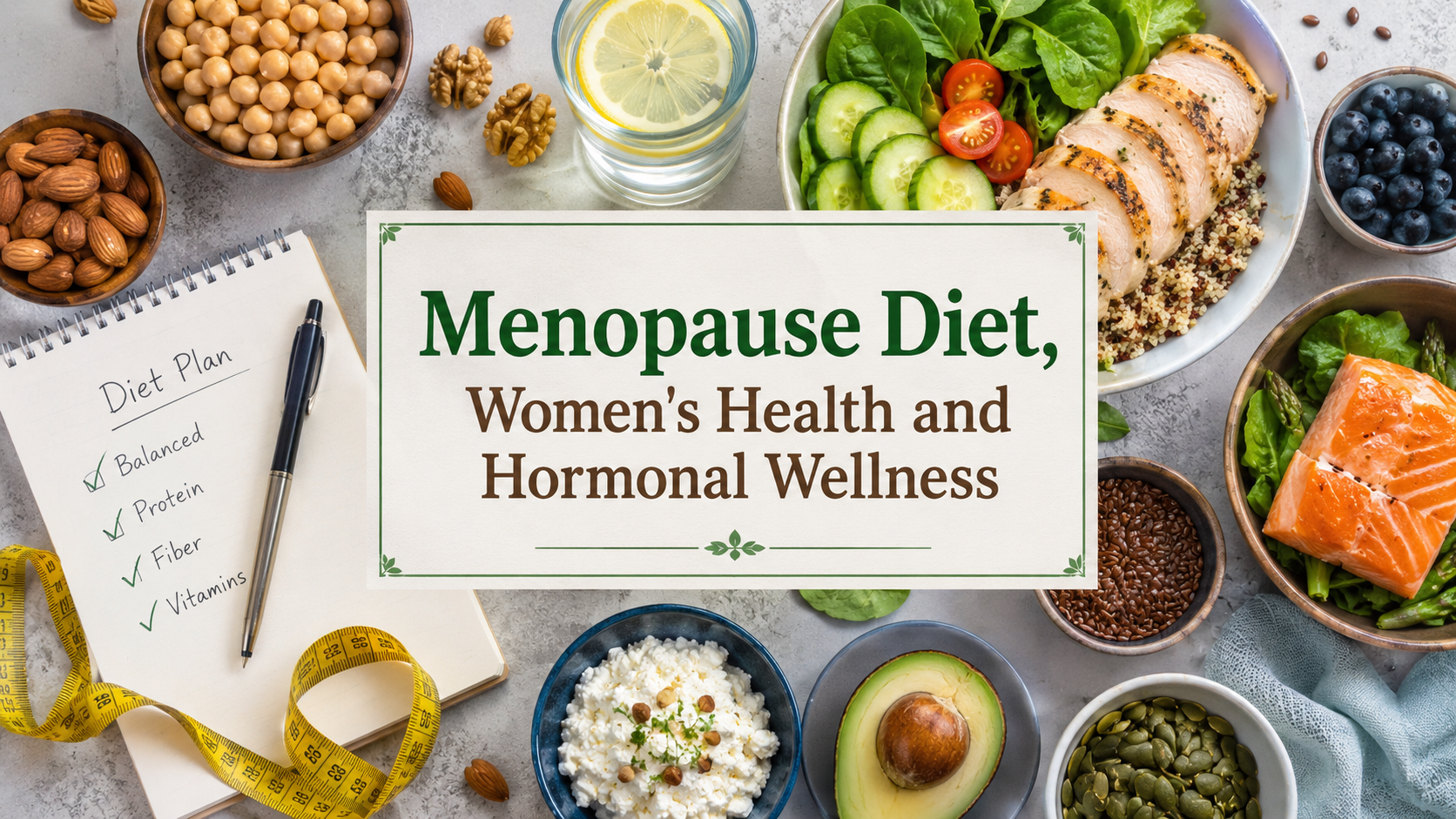 Menopause diet foods with fruits, seeds, vegetables, and healthy ingredients for women’s hormonal wellness and healthy aging.