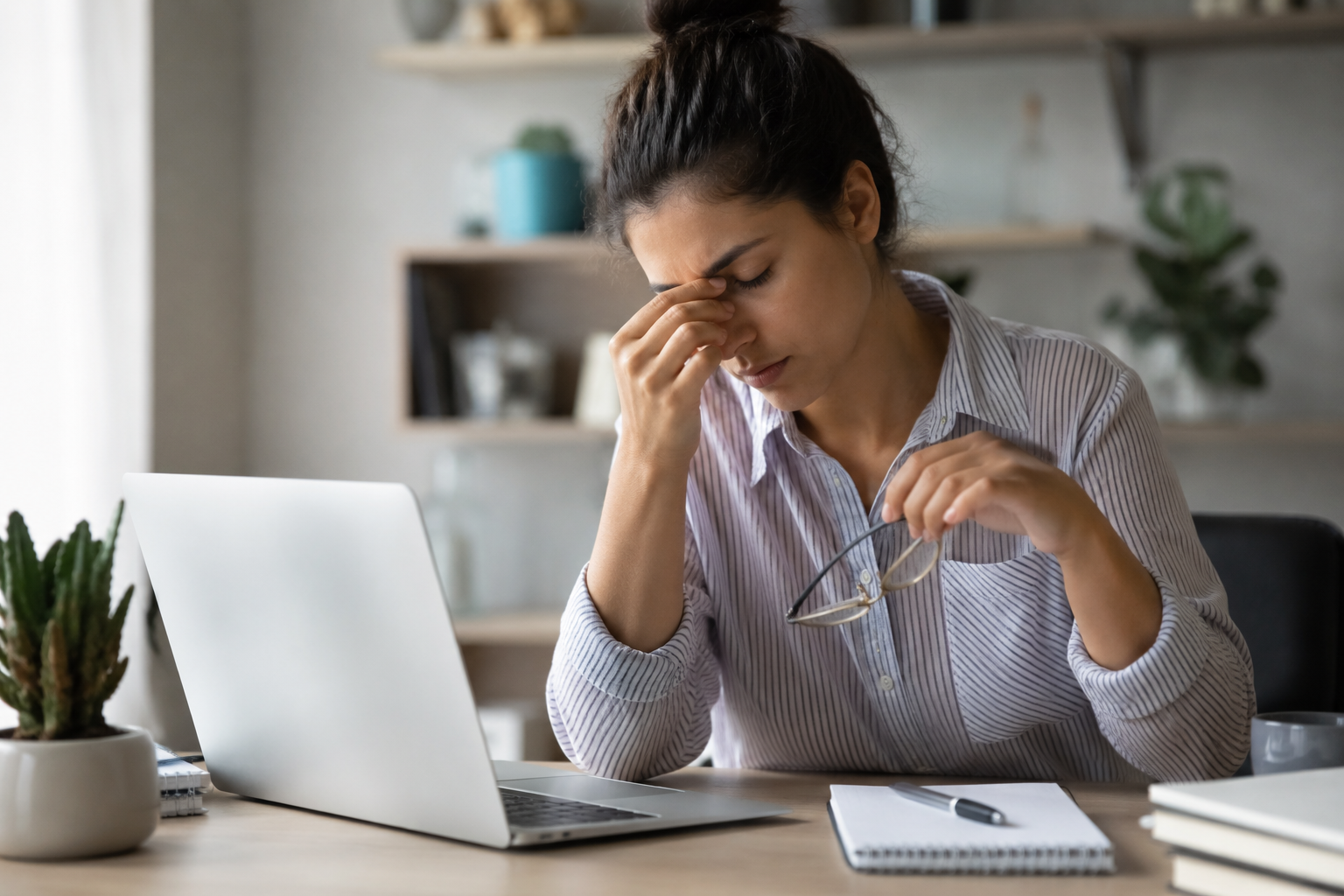 Woman looking mentally exhausted while working on a laptop at home