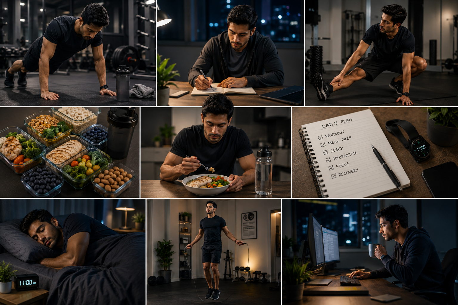 Night shift workers following a healthy routine with exercise, meal planning, hydration, and proper sleep habits