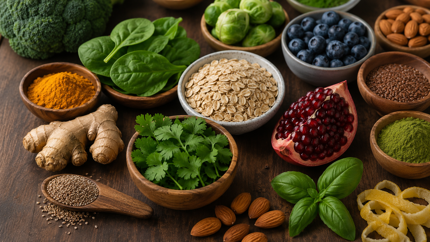 Healthy superfoods including spinach, berries, nuts, seeds, and grains arranged on a wooden table.