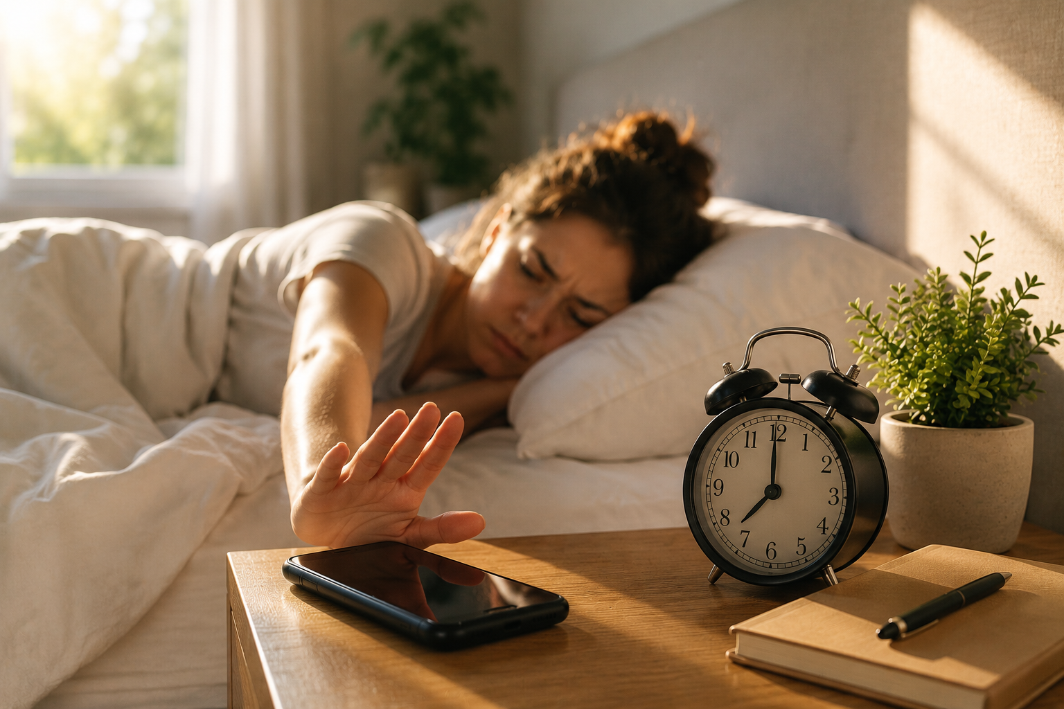 Woman waking up and checking phone beside alarm clock in the morning