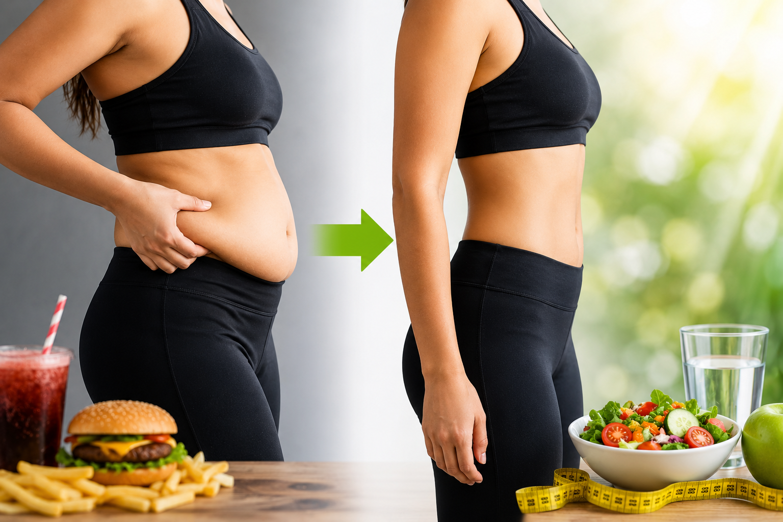 Before and after transformation showeing belly fat loss through healthy diet and fitness routine.