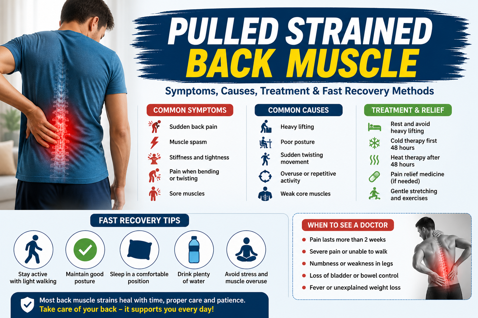 Pulled strained back muscle infographic showing symptoms, causes, treatment, and recovery tips