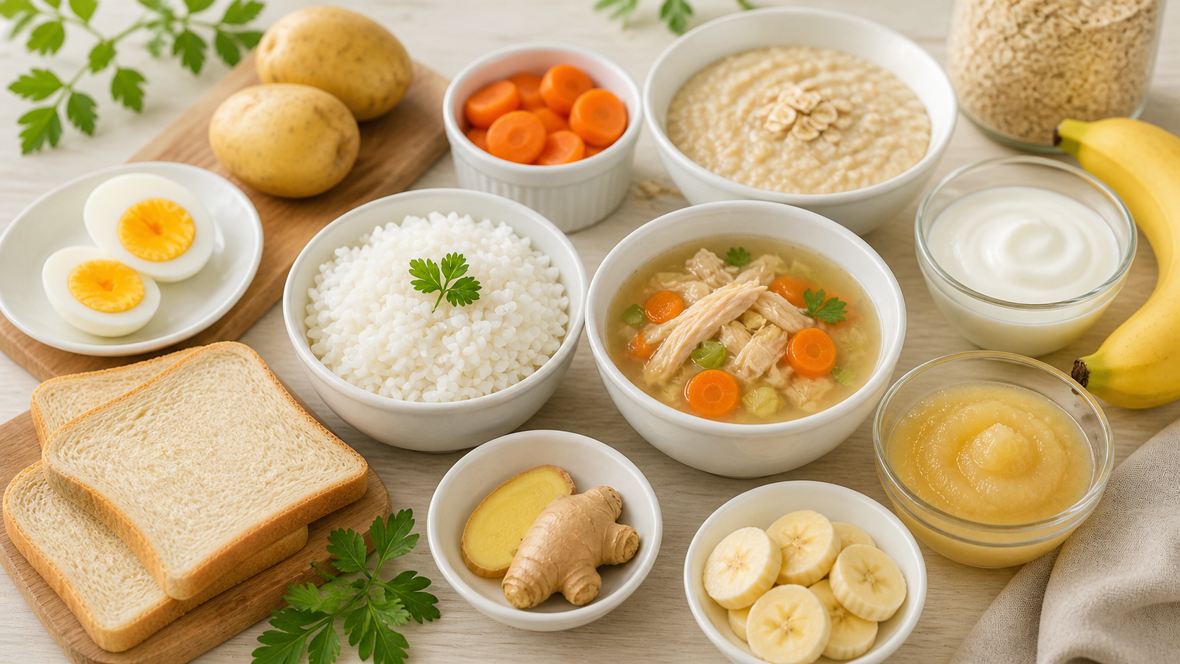 Easy to digest foods including rice, soup, yogurt, bananas, boiled eggs, and toast for sensitive stomachs