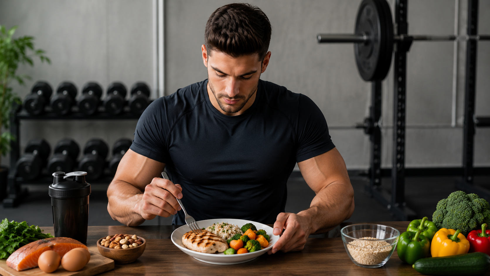 Man eating healthy protein-rich meal for muscle building in gym setting