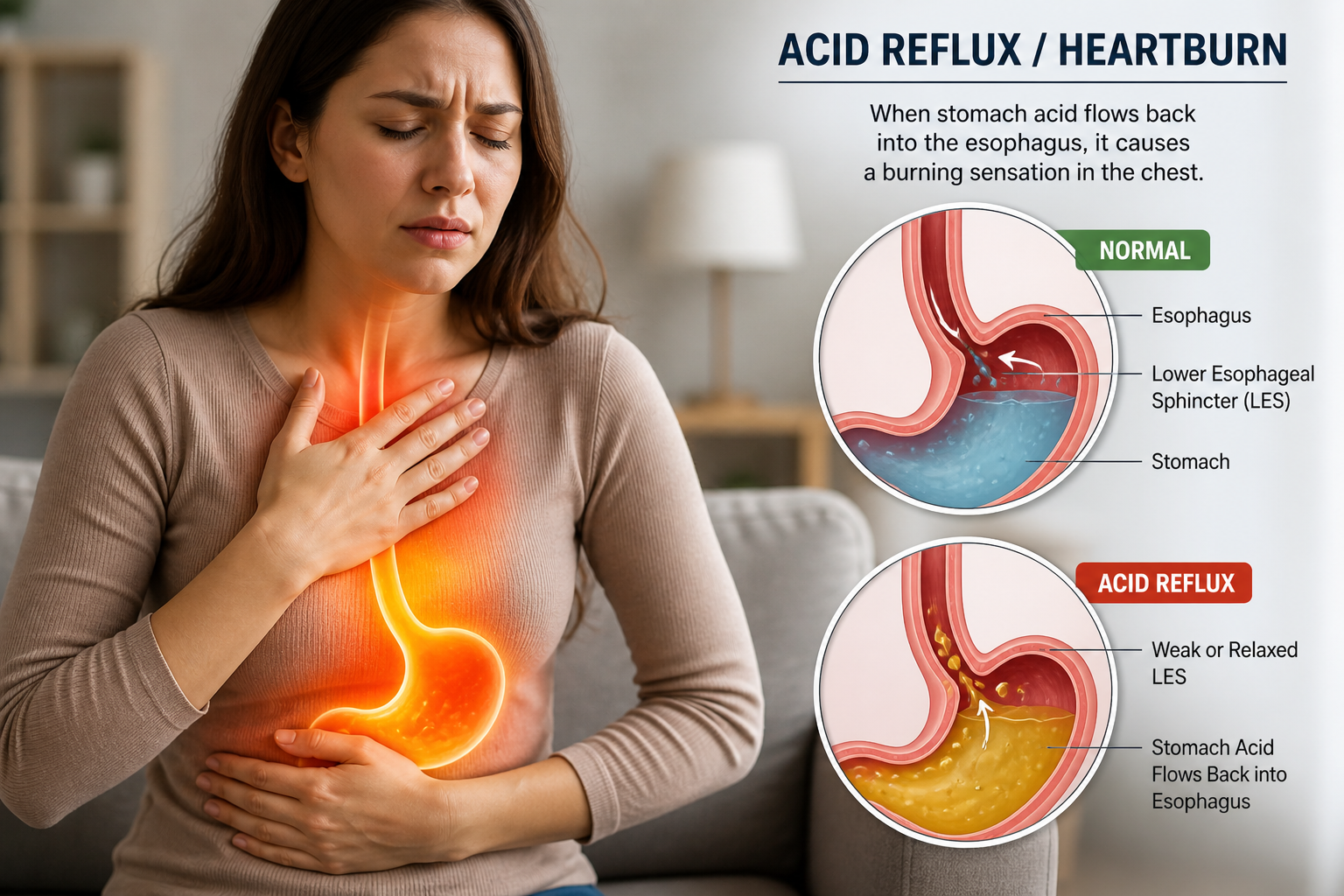 acid reflux diagram showing stomach acid flowing back into esophagus