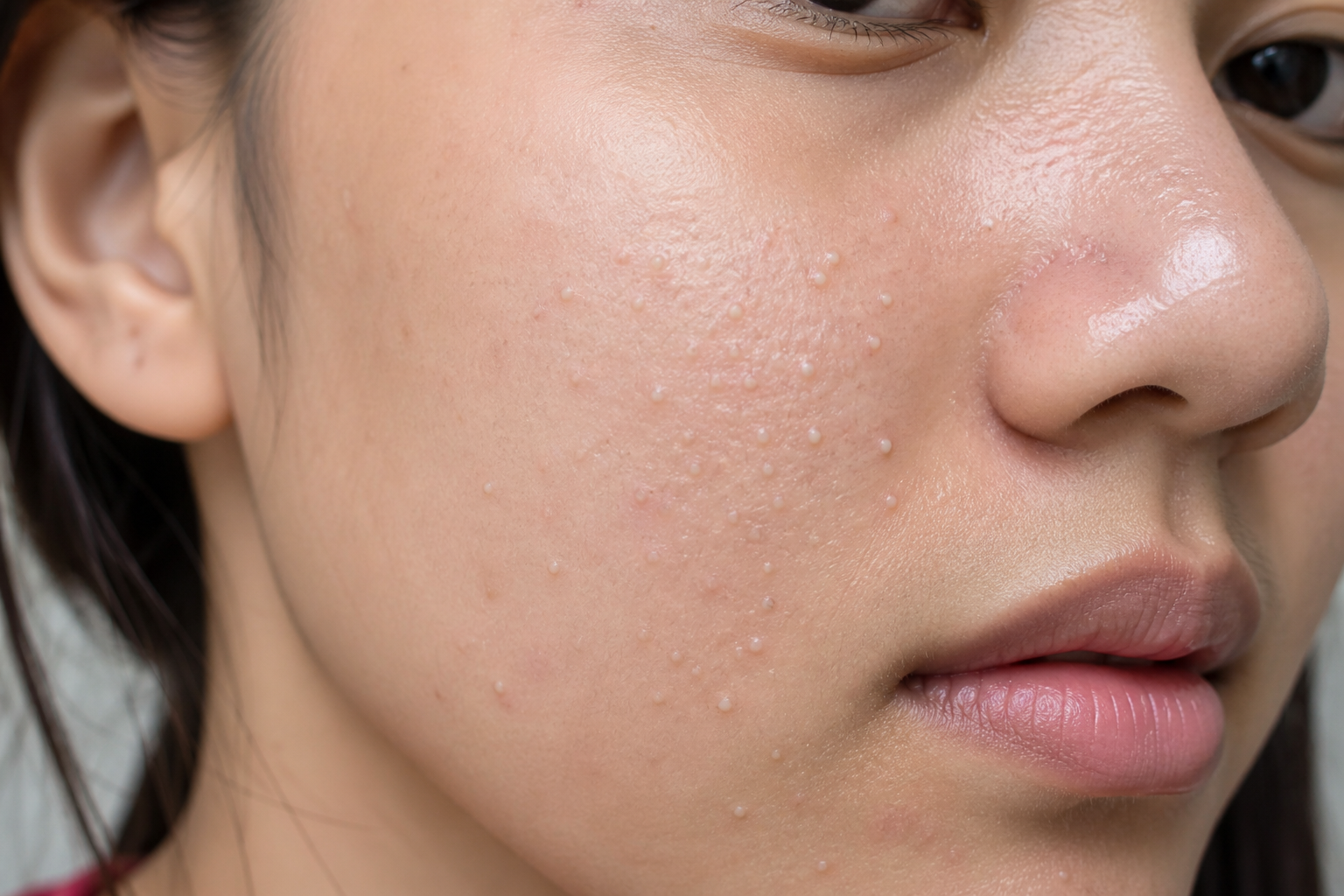 Womrn with whiteheads on facial skin showing natural skincare concern