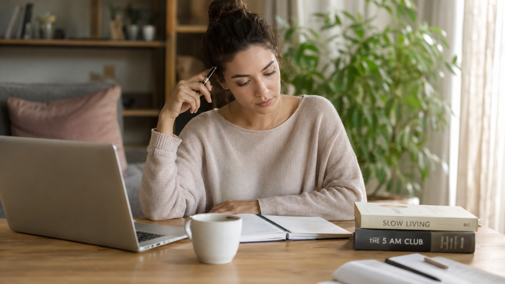 Woman working on laptop with focus and productivity mindset